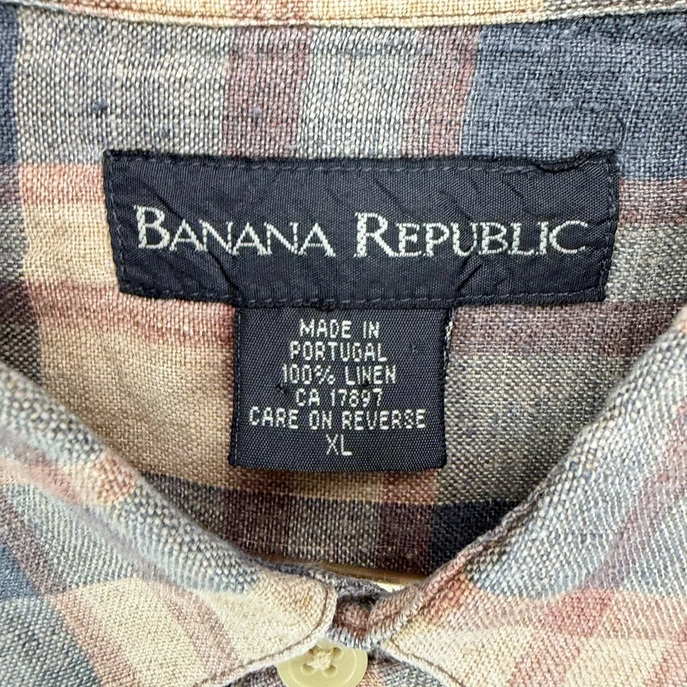 Banana Republic Mens XL Plaid Button Down Shirt 100% Linen Blue Tan Portugal
